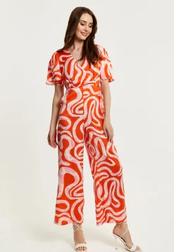 Women's Jumpsuit in Pink and Red with Abstract Print, V Neck, Crossover Front, Short Sleeves, Liquorish