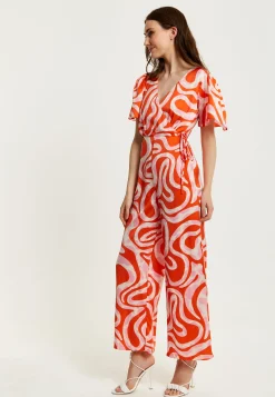 Women's Jumpsuit in Pink and Red with Abstract Print, V Neck, Crossover Front, Short Sleeves, Liquorish