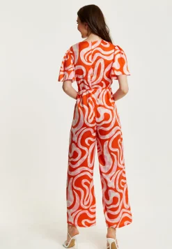 Women's Jumpsuit in Pink and Red with Abstract Print, V Neck, Crossover Front, Short Sleeves, Liquorish