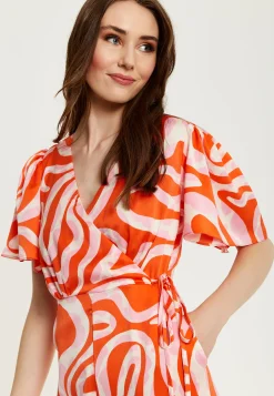 Women's Jumpsuit in Pink and Red with Abstract Print, V Neck, Crossover Front, Short Sleeves, Liquorish