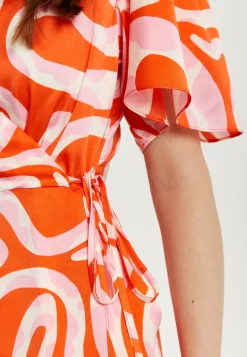 Women's Jumpsuit in Pink and Red with Abstract Print, V Neck, Crossover Front, Short Sleeves, Liquorish