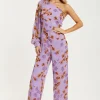 Women's Jumpsuit in Purple Floral with Asymmetrical Sleeve and Wide Legs - Regular Fit Liquorish