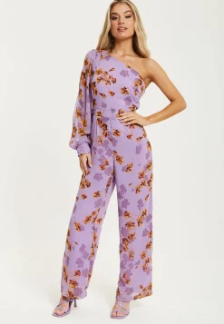 Women's Jumpsuit in Purple Floral with Asymmetrical Sleeve and Wide Legs - Regular Fit Liquorish