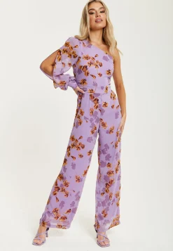 Women's Jumpsuit in Purple Floral with Asymmetrical Sleeve and Wide Legs - Regular Fit Liquorish