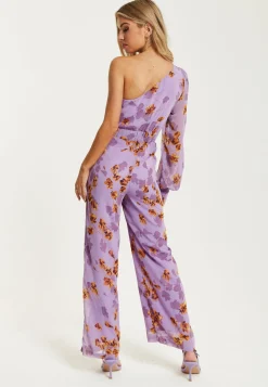Women's Jumpsuit in Purple Floral with Asymmetrical Sleeve and Wide Legs - Regular Fit Liquorish