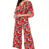 Women's Jumpsuit in Red with Short Kimono Sleeves and Floral Print, Crossover Front - Liquorish