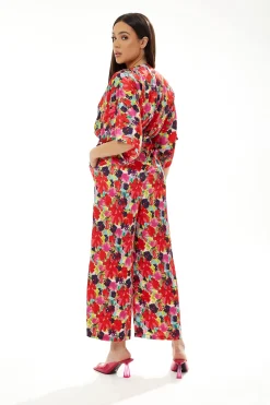Women's Jumpsuit in Red with Short Kimono Sleeves and Floral Print, Crossover Front - Liquorish