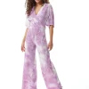 Women's Jumpsuit in White and Pink Tie Dye with Short Sleeves, V Neck, Open Back, Liquorish