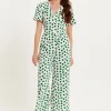 Women's Jumpsuit in White with Green Polka Dots, V Neck, Short Sleeves, Wide Legs - Liquorish