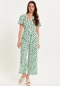 Women's Jumpsuit in White with Green Polka Dots, V Neck, Short Sleeves, Wide Legs - Liquorish