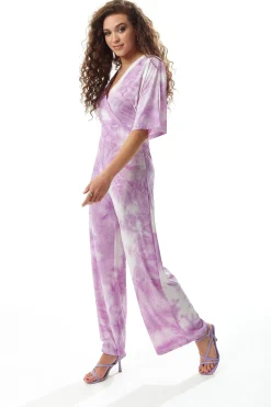 Women's Jumpsuit in White and Pink Tie Dye with Short Sleeves, V Neck, Open Back, Liquorish