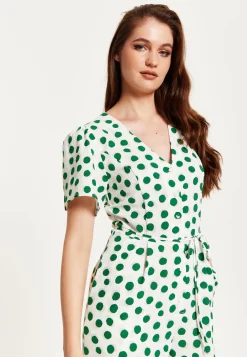 Women's Jumpsuit in White with Green Polka Dots, V Neck, Short Sleeves, Wide Legs - Liquorish