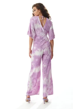 Women's Jumpsuit in White and Pink Tie Dye with Short Sleeves, V Neck, Open Back, Liquorish