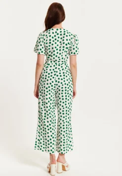 Women's Jumpsuit in White with Green Polka Dots, V Neck, Short Sleeves, Wide Legs - Liquorish