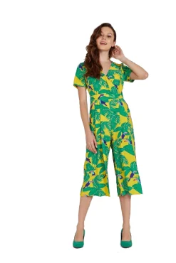 Women's Jumpsuit in Yellow Leaf Print with V-Neck, Short Sleeves, and Wide Legs - Liquorish
