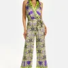 Women's Jumpsuit with V Neck, Wide Palazzo Legs, Elasticated Waist, Regular Fit, Printed Design - Liquorish