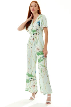 Women's Jumpsuit with V Neck and Short Sleeves, Mint Green Bird Print, Wide Legs - Liquorish