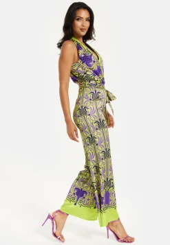 Women's Jumpsuit with V Neck, Wide Palazzo Legs, Elasticated Waist, Regular Fit, Printed Design - Liquorish