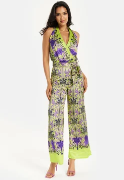 Women's Jumpsuit with V Neck, Wide Palazzo Legs, Elasticated Waist, Regular Fit, Printed Design - Liquorish