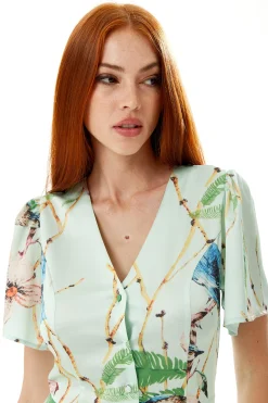 Women's Jumpsuit with V Neck and Short Sleeves, Mint Green Bird Print, Wide Legs - Liquorish