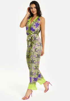 Women's Jumpsuit with V Neck, Wide Palazzo Legs, Elasticated Waist, Regular Fit, Printed Design - Liquorish