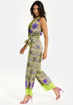 Women's Jumpsuit with V Neck, Wide Palazzo Legs, Elasticated Waist, Regular Fit, Printed Design - Liquorish