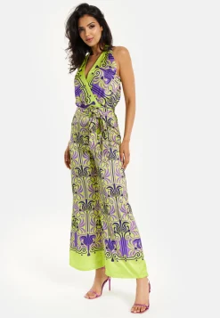 Women's Jumpsuit with V Neck, Wide Palazzo Legs, Elasticated Waist, Regular Fit, Printed Design - Liquorish