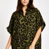 Women's Khaki Animal Print Shirt with Short Sleeves, Button-Up Front, Regular Fit, Shirt Collar