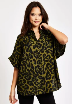 Women's Khaki Animal Print Shirt with Short Sleeves, Button-Up Front, Regular Fit, Shirt Collar