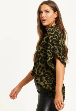Women's Khaki Animal Print Shirt with Short Sleeves, Button-Up Front, Regular Fit, Shirt Collar