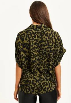 Women's Khaki Animal Print Shirt with Short Sleeves, Button-Up Front, Regular Fit, Shirt Collar