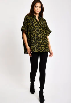 Women's Khaki Animal Print Shirt with Short Sleeves, Button-Up Front, Regular Fit, Shirt Collar