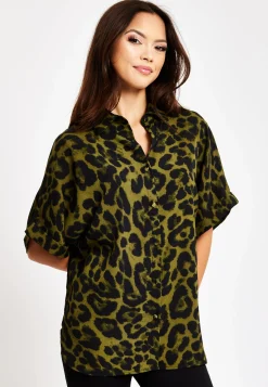 Women's Khaki Animal Print Shirt with Short Sleeves, Button-Up Front, Regular Fit, Shirt Collar