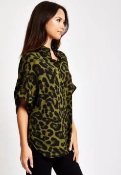 Women's Khaki Animal Print Shirt with Short Sleeves, Button-Up Front, Regular Fit, Shirt Collar