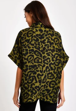 Women's Khaki Animal Print Shirt with Short Sleeves, Button-Up Front, Regular Fit, Shirt Collar