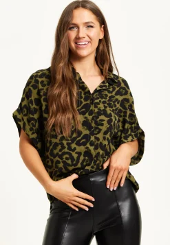 Women's Khaki Animal Print Shirt with Short Sleeves, Button-Up Front, Regular Fit, Shirt Collar