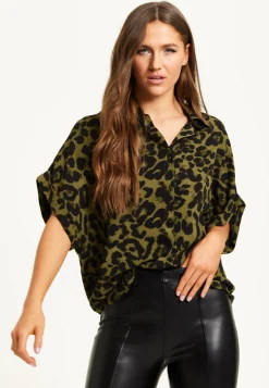 Women's Khaki Animal Print Shirt with Short Sleeves, Button-Up Front, Regular Fit, Shirt Collar