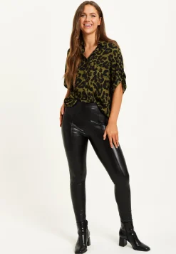 Women's Khaki Animal Print Shirt with Short Sleeves, Button-Up Front, Regular Fit, Shirt Collar