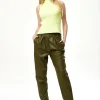 Women’s Khaki Tapered Faux Leather Trousers with Pleats and Side Pockets - Liquorish