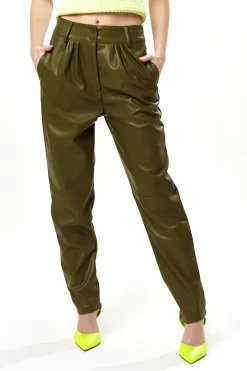 Women’s Khaki Tapered Faux Leather Trousers with Pleats and Side Pockets - Liquorish