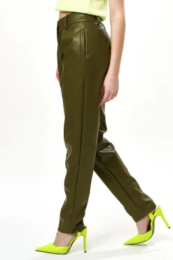 Women’s Khaki Tapered Faux Leather Trousers with Pleats and Side Pockets - Liquorish