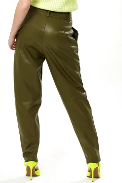 Women’s Khaki Tapered Faux Leather Trousers with Pleats and Side Pockets - Liquorish