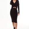 Women's Knitted Set in Black - Cropped Sweatshirt, V-Neck, Full-Length Sleeves, Pencil Skirt, Adjustable Front String, Side Slit