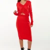 Women's Knitted Set in Red - Cropped Sweatshirt with V-Neck & Long Sleeves, Midi Skirt with Side Slit, Versatile Style
