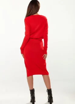Women's Knitted Set in Red - Cropped Sweatshirt with V-Neck & Long Sleeves, Midi Skirt with Side Slit, Versatile Style