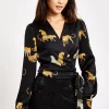 Women's Leopard Print Wrap Top with Long Sleeves, Tie Waist, Crop Style, Tiger Pattern, Perfect for Any Occasion