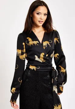 Women's Leopard Print Wrap Top with Long Sleeves, Tie Waist, Crop Style, Tiger Pattern, Perfect for Any Occasion