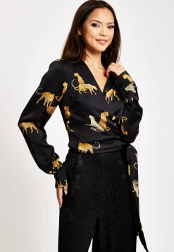 Women's Leopard Print Wrap Top with Long Sleeves, Tie Waist, Crop Style, Tiger Pattern, Perfect for Any Occasion