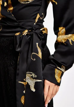 Women's Leopard Print Wrap Top with Long Sleeves, Tie Waist, Crop Style, Tiger Pattern, Perfect for Any Occasion