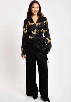 Women's Leopard Print Wrap Top with Long Sleeves, Tie Waist, Crop Style, Tiger Pattern, Perfect for Any Occasion